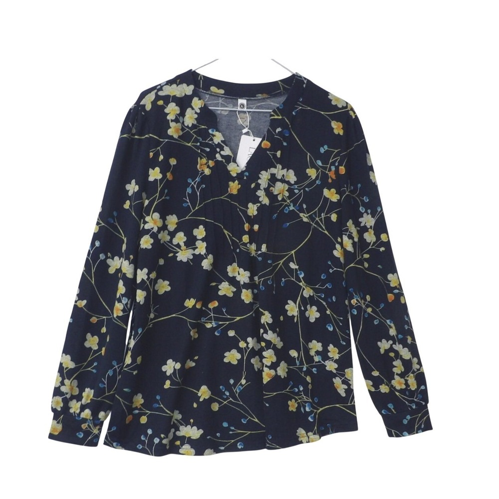 Large LAOLASI Floral Print Long Sleeve V Neck Top Womens Navy Blue Yellow Blue